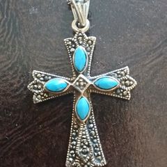 Sterling Silver Turquoise And Marcasite Cross And Chain