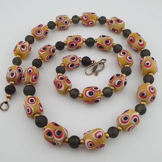 Antique Venetian African Style Thousand Eyes & Black Glass Beads Necklace
