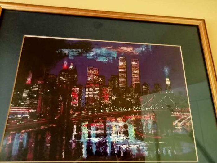 Framed New York Skyline Print - Vintage Manhattan Night / Twin Towers