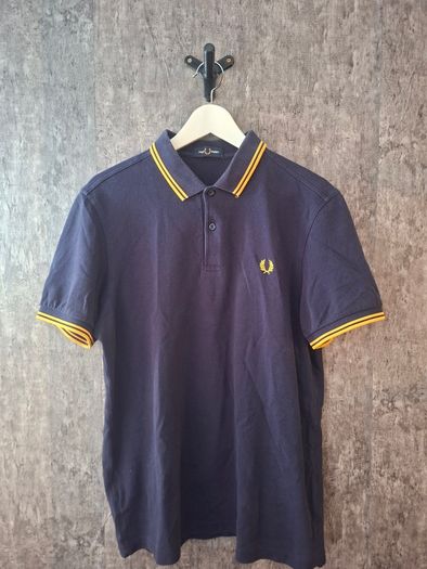Fred Perry Navy Blue Polo Shirt Yellow Gold Twin Tip Laurel Size L