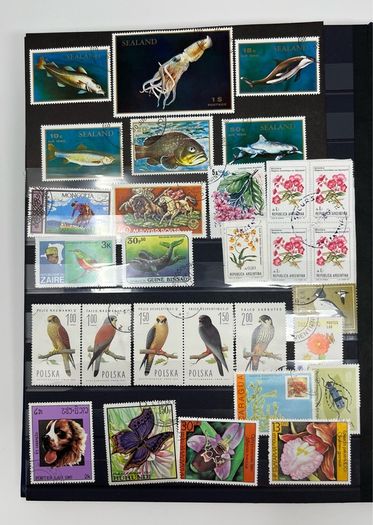 Ace Black 32 page/ 16 leaf Stamp Album with over 900 stamps. Thematic of Animals, Plants, Classic Cars, Space, Trains, Sport & Disney noted.