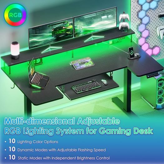 Standing Desk, 120cm U Shaped Height Adjustable Desk with Monitor Stand, Electric Sit Stand Rising Table with Sockets, Gaming Computer Table with LED Light for Home Office Workstation, Black