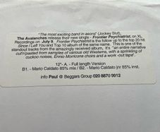 The Avalanches - Frontier Psychiatrist - 12" Vinyl Promo White Label - 2001 XL Recordings
