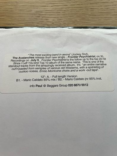 The Avalanches - Frontier Psychiatrist - 12" Vinyl Promo White Label - 2001 XL Recordings