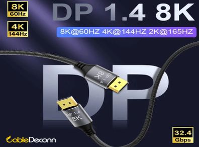 CableDeconn 5M Premium DisplayPort 1.4 UHD/3D 8K (7680x4320@60Hz) 32.4Gbps (Aluminum Alloy/Nylon Braided/Gold Plated) Cable (Brand New/Warranty)