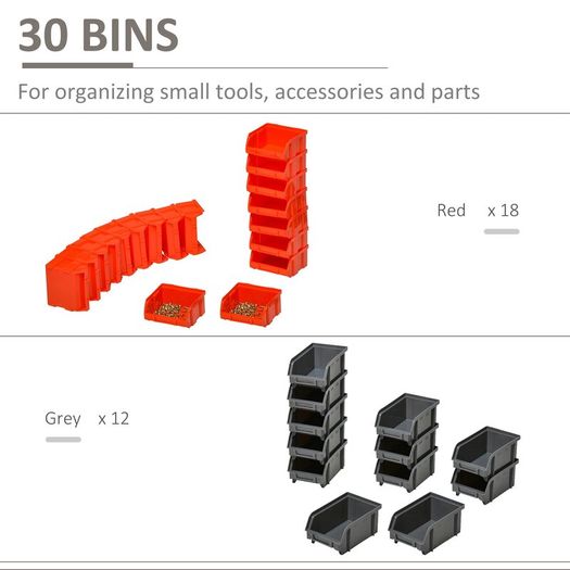 Wall Mounted Storage Bin Rack Tool Organizer with 30 Bins, Pegboard for Garage Workshops Red