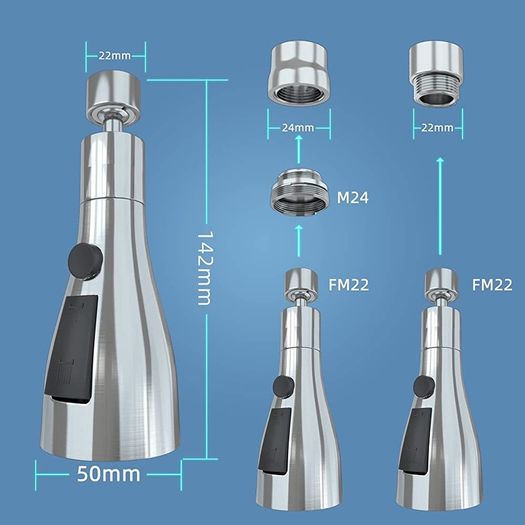 360 Degree Swivel Spout FM22 M24 Kitchen Sink Tap Spray Attachment Head with 3 Modes,Replacement Tap End Diffuser Spout,Faucet Pressurised Water Nozzle Aerator with Adapter Filter Accessories