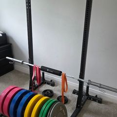 Bumper plates, Barbell and Rack