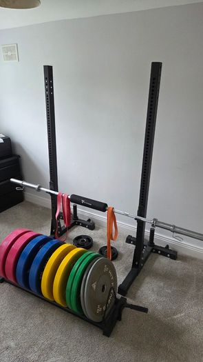 Bumper plates, Barbell and Rack