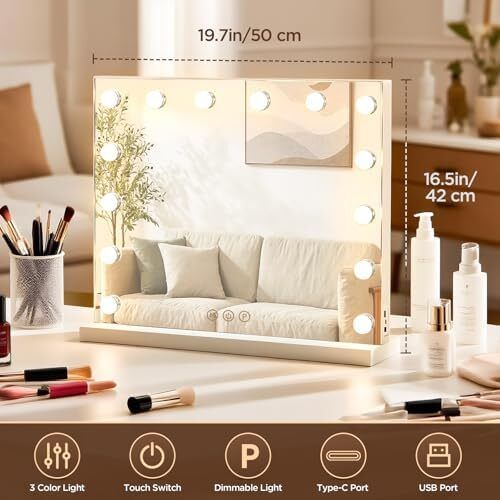 Vanity Mirror with Lights, 50x42cm Lighted Makeup Mirror for Tabletop/Wall Mounted with 14 Led Dimmable Bulbs, USB Cable, Touchscreen