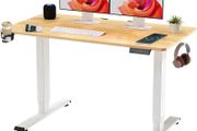 110 x 54 Electric Standing Desk ONE PIECE Height Adjustable With Memory Smart Panel Sit Stand Table Hooks and Cupholder for Home Office (White Frame+ Maple Desktop)