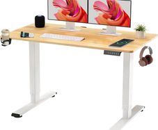 110 x 54 Electric Standing Desk ONE PIECE Height Adjustable With Memory Smart Panel Sit Stand Table Hooks and Cupholder for Home Office (White Frame+ Maple Desktop)