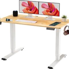 110 x 54 Electric Standing Desk ONE PIECE Height Adjustable With Memory Smart Panel Sit Stand Table Hooks and Cupholder for Home Office (White Frame+ Maple Desktop)