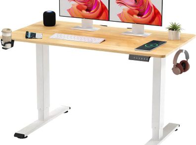 110 x 54 Electric Standing Desk ONE PIECE Height Adjustable With Memory Smart Panel Sit Stand Table Hooks and Cupholder for Home Office (White Frame+ Maple Desktop)
