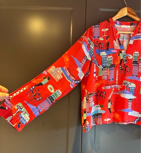Eterna Red Parisian Print Viscose Blouse Shirt UK 10  Oversized Loose Fit Novelty France Scene