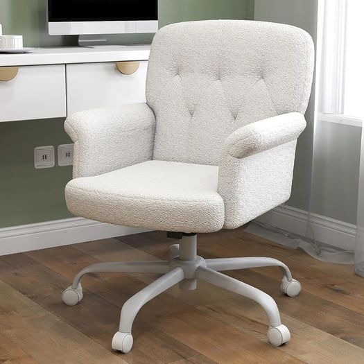 Home Office Desk Chair, Comfy Upholstered Fuzzy Vanity Chair with Wheels and Arms, Teddy Velvet Cute Adjustable Swivel Computer Seat for Living Room, Bedroom, Make Up and Salon, White
