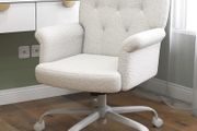 Home Office Desk Chair, Comfy Upholstered Fuzzy Vanity Chair with Wheels and Arms, Teddy Velvet Cute Adjustable Swivel Computer Seat for Living Room, Bedroom, Make Up and Salon, White