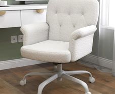 Home Office Desk Chair, Comfy Upholstered Fuzzy Vanity Chair with Wheels and Arms, Teddy Velvet Cute Adjustable Swivel Computer Seat for Living Room, Bedroom, Make Up and Salon, White