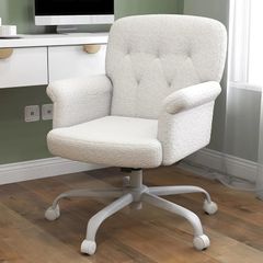 Home Office Desk Chair, Comfy Upholstered Fuzzy Vanity Chair with Wheels and Arms, Teddy Velvet Cute Adjustable Swivel Computer Seat for Living Room, Bedroom, Make Up and Salon, White