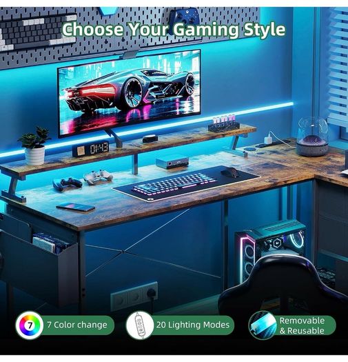 Corner Desk with 4 Drawers, L Shaped Computer Desk with LED Lights & Power Outlets, 160x80cm Reversible Home Office Workstation with Monitor Stand, Writing Desk with PC Stand, Vintage