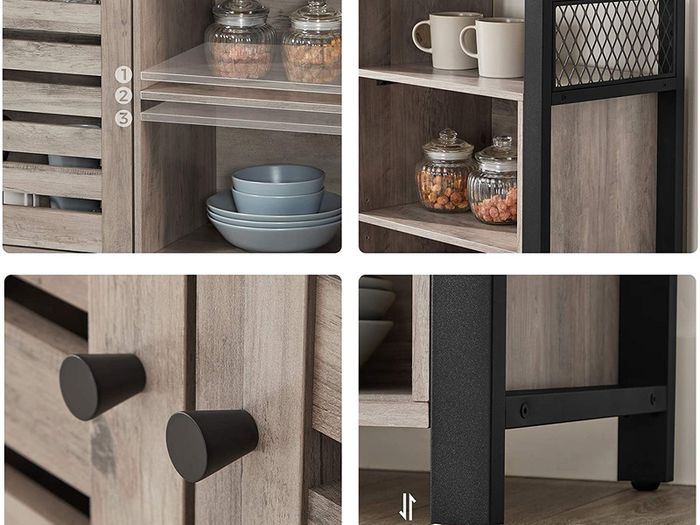 Storage Cabinet, Sideboard, with 2 Door Cupboard, Adjustable Shelves, for Dining Room, Living Room, Kitchen, 110 x 33 x 75 cm, Industrial Style, Greige and Black