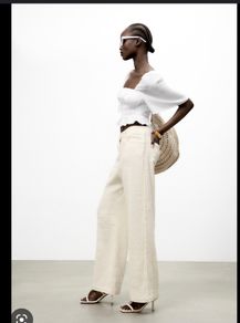 Zara white shirred linen top blouse size S