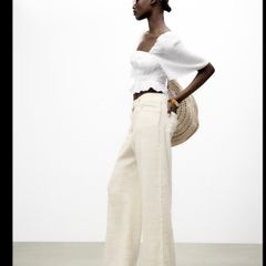 Zara white shirred linen top blouse size S