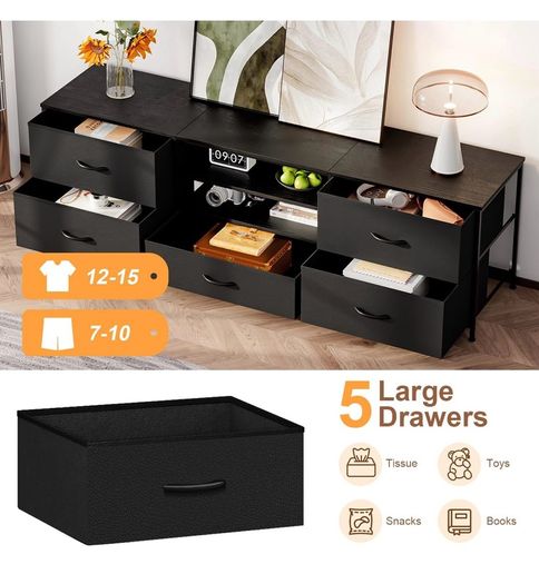 TV Stand Cabinet, TV Unit with 5 Drawers, 140 cm, All Black TV Console Table with Storage Organizers, Entertainment Center with Open Shelf for Living Room, Bedroom