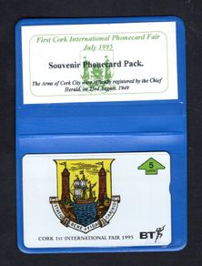 1995 Ireland 5 unit Cork International Phonecard Fair July 1995 BT Telecom showing Cork Coat of Arms (Landis & Gyr (Optical) Phonecard in blue wallet