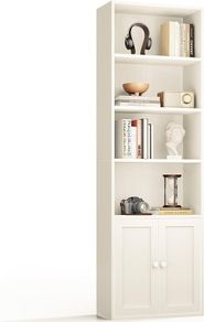 6-Tier Bookcase with Doors and Cabinet, Bookshelf Floor Standing Display Storage Shelf, Bookcases for Home, Office, Living Room, Bedroom, White, 48 x 24 x 176.4