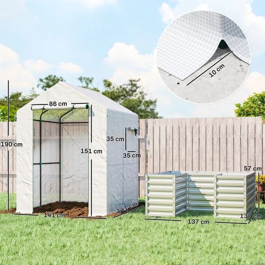 Tomato Greenhouse Film Greenhouse with Raised Bed Roll-up Door Window Sloped Roof 141 x 141 x 190 cm White
