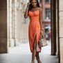 Long orange dress with pink roses Image 4