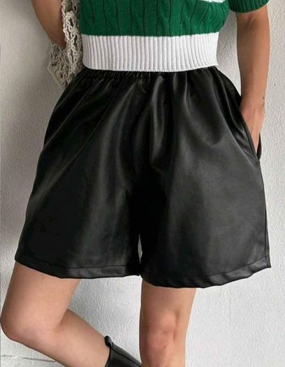Elastic waist black PU leather shorts size S