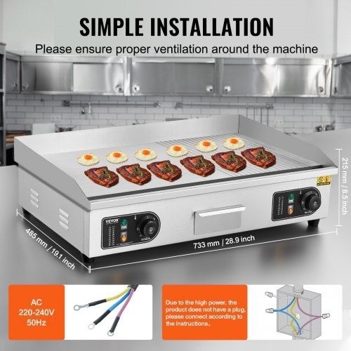 Commercial Electric Griddle, 4400W Countertop Half-Flat Top Grill, 122F-572F Adjustable Temp, 28.74x15.75x0.39in Stainless Steel