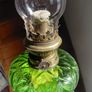 antique French large green glass oil lamp, works Image 8