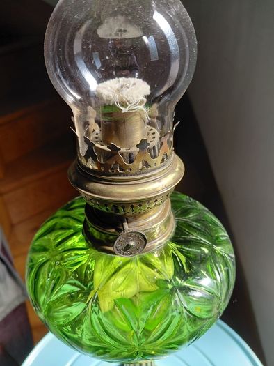 antique French large green glass oil lamp, works