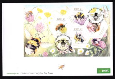 2018 Ireland Fauna & Flora: Native Irish Bees Stamp Miniature Sheet An Post First Day Cover (FDC)