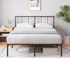 Double Bed Frame with Headboard - 4ft6 (135 x 190 cm) - 14'' Height - Metal Bed Base with Steel Slat Support - Storage Space Underneath - Modern Design - Easy Assembly - Black