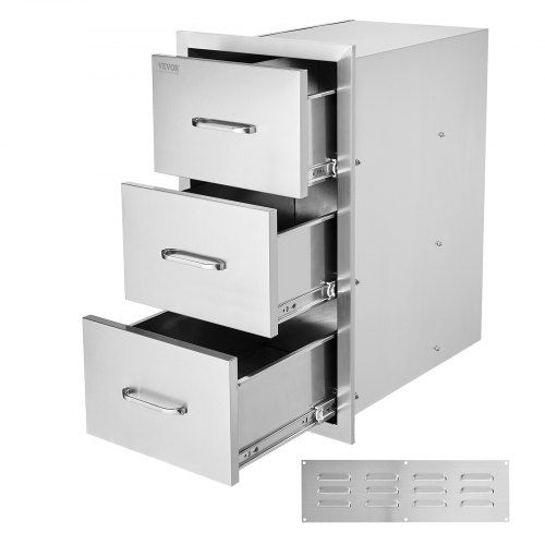 Outdoor Kitchen Drawers 16\" W x 28.5\" H x 20.5\" D, Flush Mount Triple Access BBQ Drawers Stainless Steel with Handle