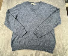 Aran Sweater Market V Neck Blue Fine Lambswool Jumper Pullover Ireland XL