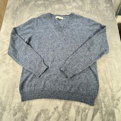 Aran Sweater Market V Neck Blue Fine Lambswool Jumper Pullover Ireland XL