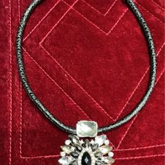 Rhinestone & black leather choker