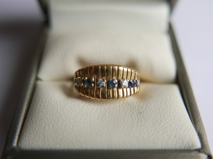 Victorian 14K Gold Two Stone Sapphire & Diamond Ring size L1/2 - 5,1g