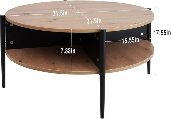 Wood Round Coffee Table with 2 Tier Storage Partitioned Shelf Industrial Modern Design Sofa Table for Living Room