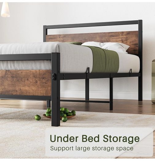 King Size Bed Frame with Wood Headboard,Heavy Duty Metal Platform