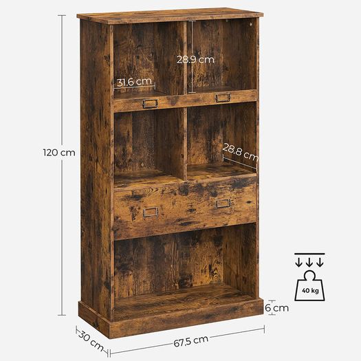 _Bookcase, with 4 levels, bookcase, standing shelf, with label holders and one drawer, for office, living room, bedroom, 67.5 x 30 x 120 cm, vintage brown