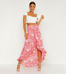 Boohoo Paisley Bohemian Wrap Ruffle Maxi Skirt