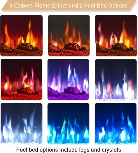 50"/127cm Electric Fireplace, Wall Mounted, Recessed, 9 Colour Flame Effect, Media Wall Compatible, 900W - 1800W Heater, Remote Control