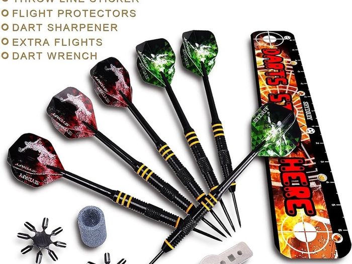 Dart Board Steel Dart Board Dartboard set with 6 pcs 20g Steel Tip Darts 12 Flights Rotating Number Ring + Staple-Free Bullseye Throwing Line