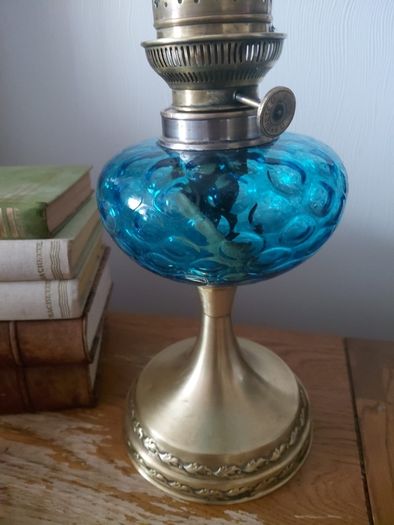 vintage French blue glass oil lamp works
